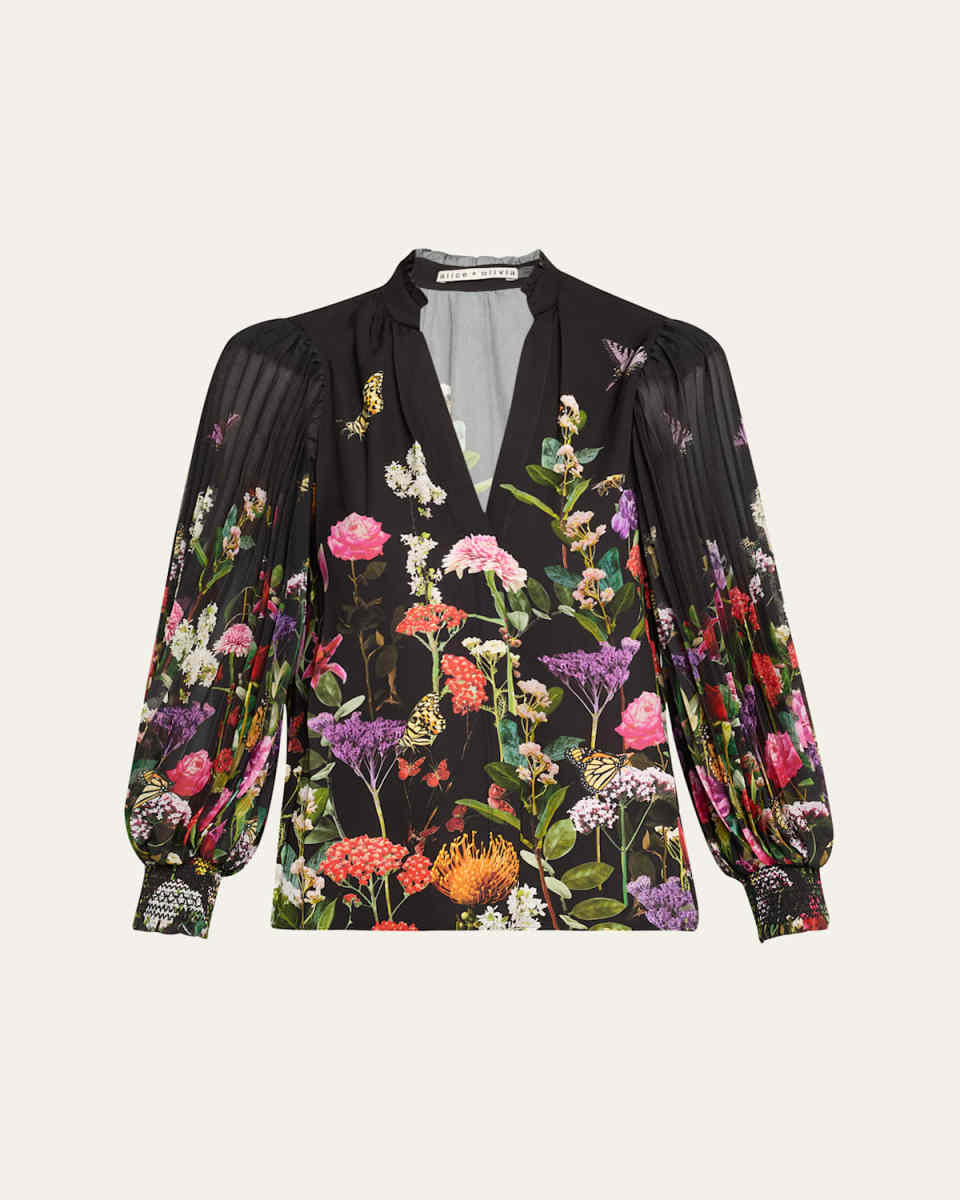 Ilan Pleated Blouson-Sleeve Blouse